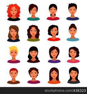 Woman with different hairstyle. Beautiful young female faces vector avatar set. Cartoon female avatar with hairstyle illustration. Woman with different hairstyle. Beautiful young female faces vector avatar set