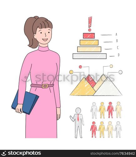 Woman with documents and information, lady with charts and info in graphics and visual representation, person looking at infocharts statistics. Vector illustration in flat cartoon style. Businesslady Woman with Clipboard in Hands Charts