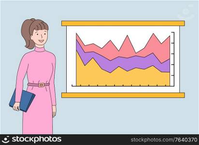 Woman with documents in clipboard vector, whiteboard with infocharts and timeline with info about project development, growing flowcharts on board. Businesslady Presenting New Concept on Board