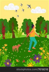 Woman with dog on leash vector, person walking with pet and enjoying nature beauty, trees and flowers in bloom, flying swallows summer season walk. Woman Walking Dog on Sunny Day in Park Greenery