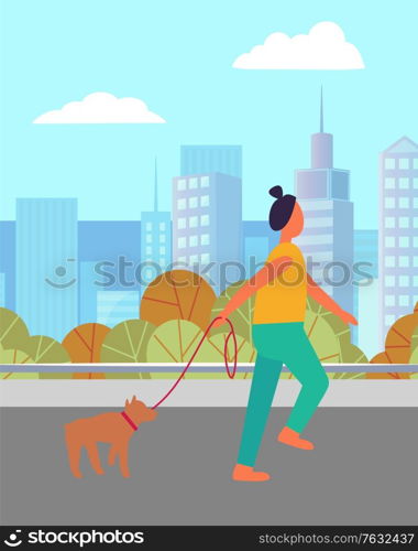 Woman with dog walking near buildings and trees. Female running with pet, training outdoor, sporty person going near skyscrapers, urban view. Vector illustration in flat cartoon style. Runner Female and Dog in City, Activity Vector