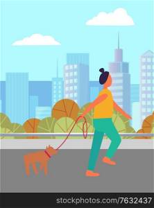 Woman with dog walking near buildings and trees. Female running with pet, training outdoor, sporty person going near skyscrapers, urban view. Vector illustration in flat cartoon style. Runner Female and Dog in City, Activity Vector