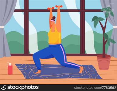 Woman with dumbbells exercising at home. Girl doing sports on special rug. Overweight person uses equipment to lose weight. Fat lady squat with dumbbells for fitness. Healthy lifestyle and sports. Woman with dumbbells exercising at home to lose weight. Girl doing sports on special rug for fitness