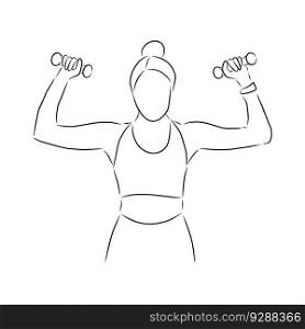 Woman with dumbbells, vector. Hand drawn sketch. Sportswoman doing exercises with dumbbells.