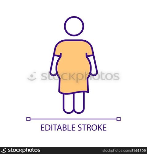 Woman with excess weight RGB color icon. Body composition. Weight-related health problems. Body positivity. Isolated vector illustration. Simple filled line drawing. Editable stroke. Arial font used. Woman with excess weight RGB color icon