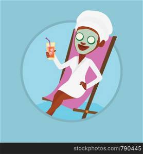 Woman with face mask and towel on her head lying in beauty salon. Woman relaxing in beauty salon. Girl getting beauty treatments. Vector flat design illustration in the circle isolated on background.. Woman getting beauty treatments in the salon.