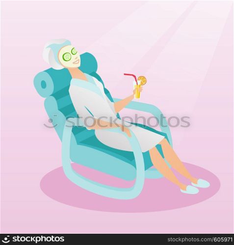 Woman with face mask and towel on her head lying in chaise lounge and drinking cocktail. Woman relaxing in beauty salon. Girl having beauty treatments. Vector flat design illustration. Square layout.. Woman getting beauty treatments in the salon.