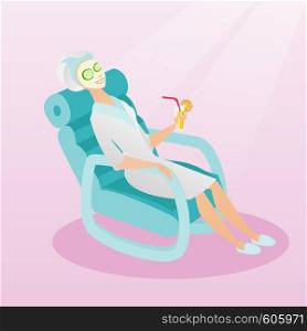 Woman with face mask and towel on her head lying in chaise lounge and drinking cocktail. Woman relaxing in beauty salon. Girl having beauty treatments. Vector flat design illustration. Square layout.. Woman getting beauty treatments in the salon.