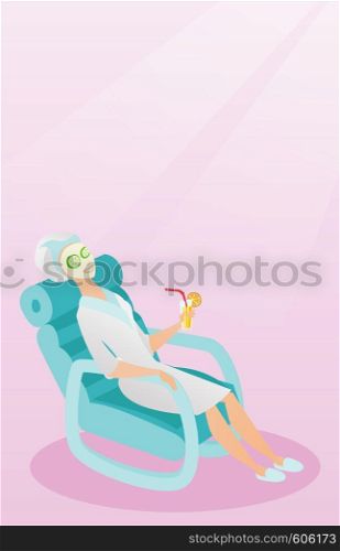 Woman with face mask and towel on her head lying in chaise lounge and drinking cocktail. Woman relaxing in beauty salon. Girl having beauty treatments. Vector flat design illustration. Vertical layout. Woman getting beauty treatments in the salon.