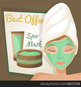 Woman with face mask on spa healthcare salon procedure poster vector illustration