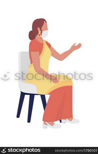 Woman with face mask semi flat color vector character. Sitting figure. Full body person on white. Communication process isolated modern cartoon style illustration for graphic design and animation. Woman with face mask semi flat color vector character