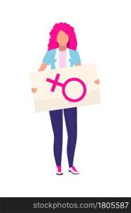 Woman with female sign placard semi flat color vector character. Full body person on white. Supporting gender equality isolated modern cartoon style illustration for graphic design and animation. Woman with female sign placard semi flat color vector character