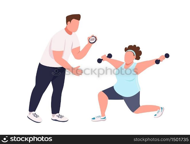 Woman with fitness instructor flat color vector faceless character. Trainer helping lady with training isolated cartoon illustration for web graphic design and animation. Weight loss, slimming. Woman with fitness instructor flat color vector faceless character