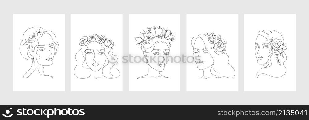 Woman with flower line art. Minimalist abstract continuous line woman contour for fashion illustration and beauty print. Vector portrait sketch beautiful female line with flowers. Woman with flower line art. Minimalist abstract continuous line woman contour for fashion illustration and beauty print. Vector portrait sketch