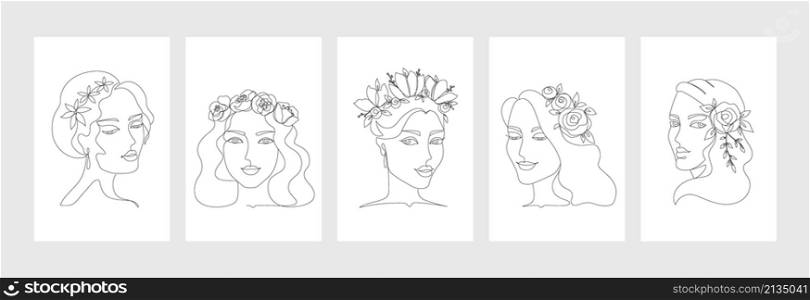 Woman with flower line art. Minimalist abstract continuous line woman contour for fashion illustration and beauty print. Vector portrait sketch beautiful female line with flowers. Woman with flower line art. Minimalist abstract continuous line woman contour for fashion illustration and beauty print. Vector portrait sketch