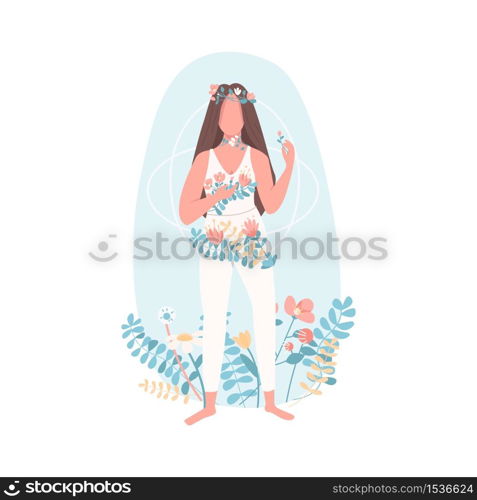 Woman with flowers flat color vector faceless character. Female healthcare. Girl with mental wellbeing. Spiritual harmony isolated cartoon illustration for web graphic design and animation. Woman with flowers flat color vector faceless character