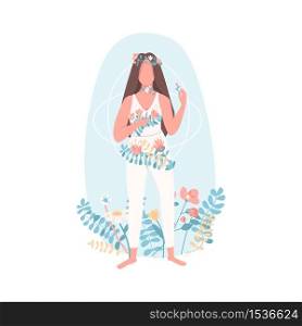 Woman with flowers flat color vector faceless character. Female healthcare. Girl with mental wellbeing. Spiritual harmony isolated cartoon illustration for web graphic design and animation. Woman with flowers flat color vector faceless character