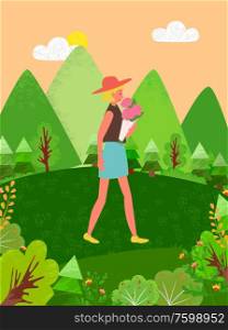 Woman with flowers in hat side view vector cartoon character. Summer or spring scenery, blooming plants and green landscape with bushy trees and hills. Woman with Flowers in Hat Side View Vector Cartoon