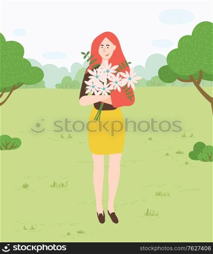 Woman with flowers in park, nature and environment vector. Girl with chamomiles bouquet, forest meadow, trees and bushes, female character walking. Nature and Forest Park, Woman with FLowers Walking