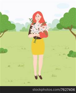Woman with flowers in park, nature and environment vector. Girl with chamomiles bouquet, forest meadow, trees and bushes, female character walking. Nature and Forest Park, Woman with FLowers Walking