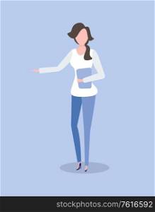 Woman with folder in hands isolated on blue. Vector cartoon female with book or report, pointing on something. Brunette lady in casual cloth, flat design. Woman with Folder in Hands Isolated on Blue Vector
