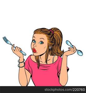 woman with fork and spoon. Comic cartoon pop art retro vector illustration drawing. woman with fork and spoon