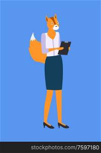 Woman with fox or squirrel head and tail, holding folder isolated on blue. Vector hipster animal, metaphor costume, unidentified business person cartoon character. Woman with Fox or Squirrel Head and Tail Isolated