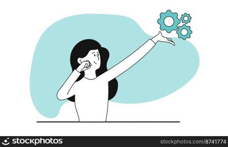 Woman with gear vector concept illustration. Development business and management work process. Strategy developer and human project cogwheel. Success employee and mechanism programming innovation