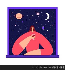 Woman with glass of wine in the window, enjoying the view of night starry sky and moon. Female modern character and space exploring. Flat vector illustration. Use in web project and applications.