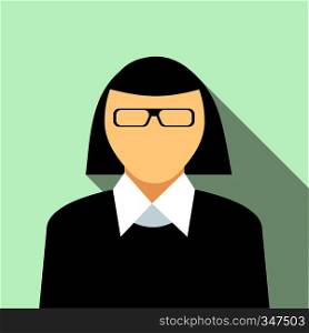 Woman with glasses in black pullover icon in flat style on a light blue background. Woman with glasses in black pullover icon