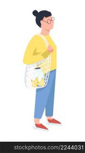 Woman with glasses semi flat color vector character. Standing figure. Full body person on white. Bag with purchases simple cartoon style illustration for web graphic design and animation. Woman with glasses semi flat color vector character