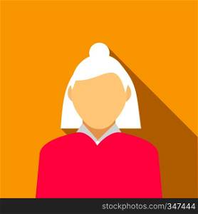 Woman with gray hair in pink pullover icon in flat style on a yellow background. Woman with gray hair in pink pullover icon