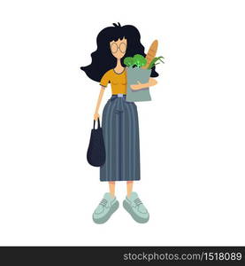 Woman with grocery shop purchase flat cartoon vector illustration. Sagittarius zodiac sign girl. Ready to use 2d character template for commercial, animation, printing design. Isolated comic hero