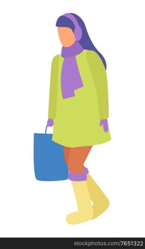 Woman with handbag walking on pathway alone. Brunette strolling in winter or autumn, cold weather. Isolated person in warm clothes like scarfs and overcoat, muffler and boots. Vector illustration. Woman Walk Alone in Warm Clothes and with Handbag
