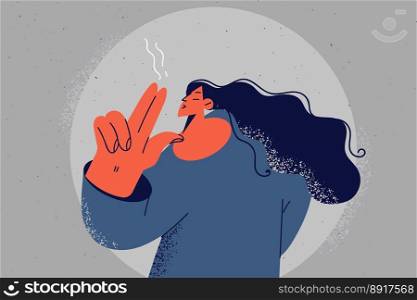 Woman with hands smoking gesture show bad habit. Female smoker hold fingers as cigarette. Nonverbal communication. Vector illustration. . Woman with fingers as cigarette 
