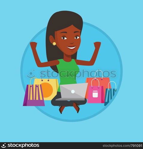 Woman with hands up using laptop for shopping online. Woman sitting with shopping bags around her. Woman doing online shopping. Vector flat design illustration in the circle isolated on background.. Woman shopping online vector illustration.