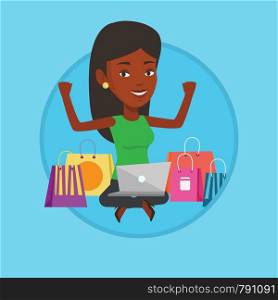 Woman with hands up using laptop for shopping online. Woman sitting with shopping bags around her. Woman doing online shopping. Vector flat design illustration in the circle isolated on background.. Woman shopping online vector illustration.