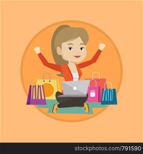 Woman with hands up using laptop for shopping online. Woman sitting with shopping bags around her. Woman doing online shopping. Vector flat design illustration in the circle isolated on background.. Woman shopping online vector illustration.