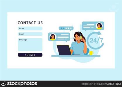 Woman with headphones and microphone with computer. Concept support, assistance, call center. Contact us landing page. Vector illustration. Flat.