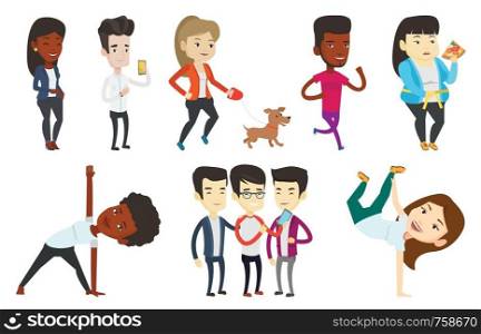 Woman with her dog. Woman taking dog on walk. Caucasian woman walking with her small dog. Smiling woman walking a dog on leash. Set of vector flat design illustrations isolated on white background.. Vector set of sport characters.