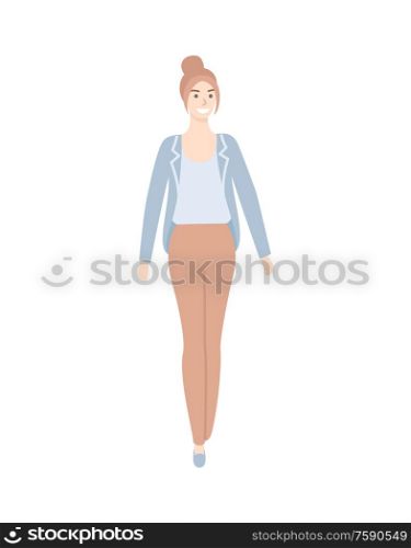 Woman with high hair, in blue jacket and blouse and brown trousers isolated cartoon character. Female in casual cloth, middle age lady in comfortable apparel. Woman in Casual Cloth Jacket and Trousers Isolated