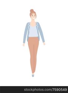 Woman with high hair, in blue jacket and blouse and brown trousers isolated cartoon character. Female in casual cloth, middle age lady in comfortable apparel. Woman in Casual Cloth Jacket and Trousers Isolated