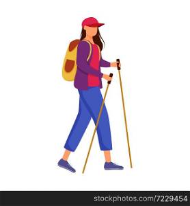Woman with hiking sticks flat vector illustration. Camping activity. Cheap travelling choice. Active vacation. Budget tourism. Walking tour isolated cartoon character on white background. Woman with hiking sticks flat vector illustration