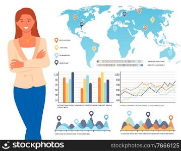 Woman with infocharts vector, presentation with graphics and info resources, lady standing by data world map with pointers and flowcharts schemes set. Infographics and World Map Info on Board Woman
