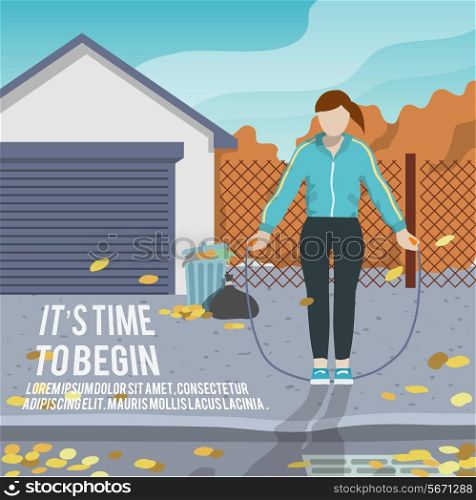 Woman with jump rope outdoor fitness lifestyle time to begin poster vector illustration