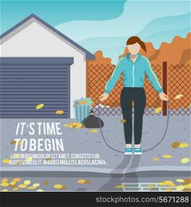 Woman with jump rope outdoor fitness lifestyle time to begin poster vector illustration