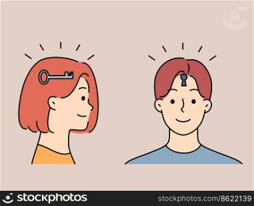 Woman with key in head and man with keyhole. People working together for problem solution. Concept of teamwork and problem solving. Vector illustration. . People cooperation for problem solving 
