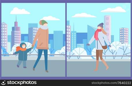 Woman with kid walking in city park vector, mother and son on weekends. People wearing warm clothes, winter cityscape with skyscrapers and bushes. Cityscape and People Walking at Streets of City
