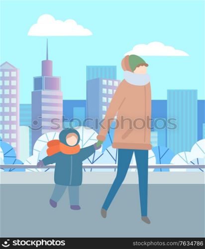 Woman with kid walking in warm clothes outdoors. Parent and child in city park in winter. Trees with white snow on krone and leaves, cityscape on background. Vector illustration in flat style. Woman and Child Walking in City Park Together