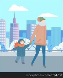Woman with kid walking in warm clothes outdoors. Parent and child in city park in winter. Trees with white snow on krone and leaves, cityscape on background. Vector illustration in flat style. Woman and Child Walking in City Park Together